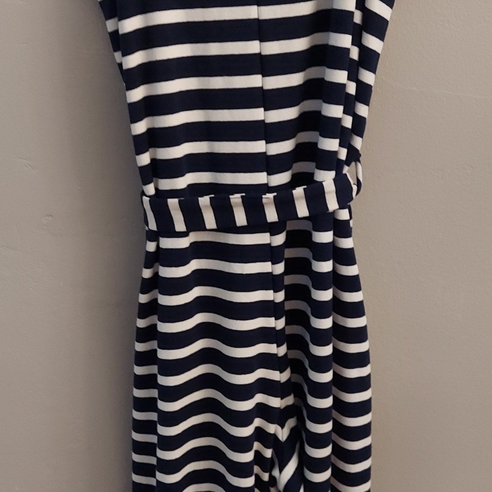 MONTEAU Navy and White Striped Sleeveless Jumper With Waist Sash - Picture 8 of 11